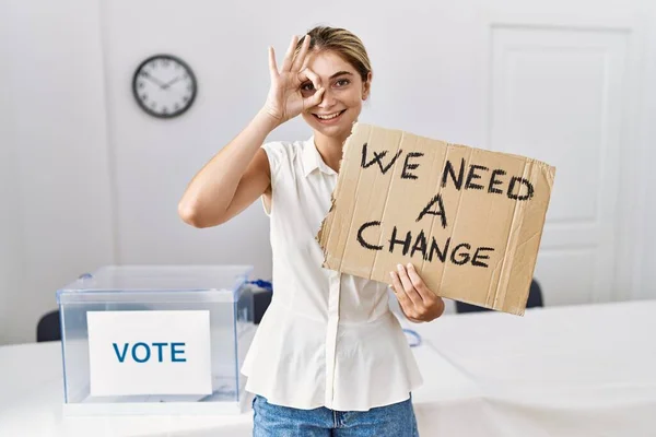 Young Blonde Woman Political Election Holding Need Change Banner Smiling — Stock Photo, Image
