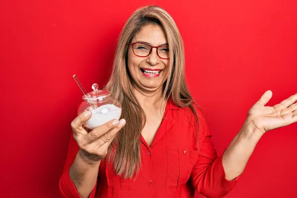 Middle Age Hispanic Woman Holding Bowl Sugar Celebrating Victory Happy — Stock Photo, Image