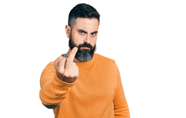 Hispanic Man Beard Wearing Casual Winter Sweater Showing Middle Finger — Photo