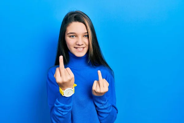 Young Brunette Girl Wearing Turtleneck Sweater Showing Middle Finger Doing — 图库照片