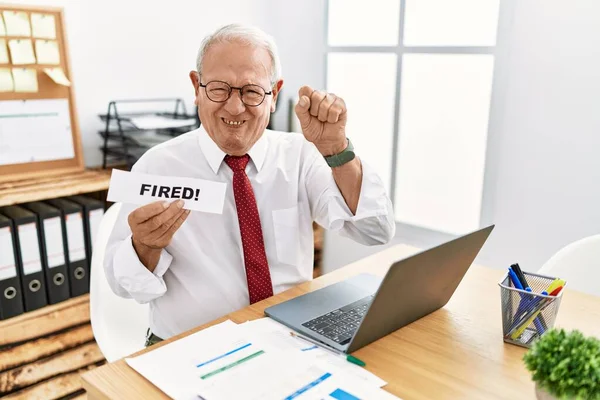Senior Business Man Holding Fired Banner Office Annoyed Frustrated Shouting — Stock Photo, Image