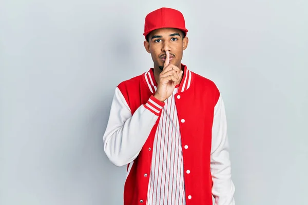 Young African American Man Wearing Baseball Uniform Asking Quiet Finger — Stock Photo, Image