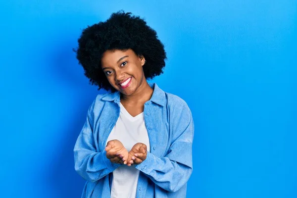 Young African American Woman Wearing Casual Clothes Smiling Hands Palms — Stock Photo, Image
