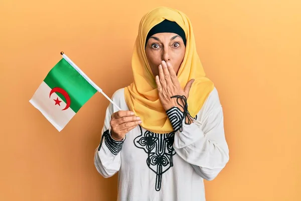 Middle Age Hispanic Woman Wearing Hijab Holding Algeria Flag Covering — Stock Photo, Image