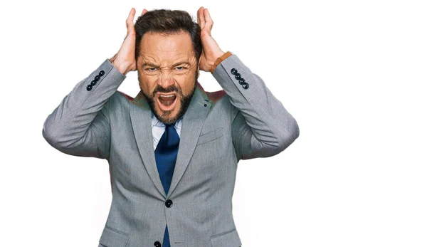 Middle Age Man Wearing Business Clothes Crazy Scared Hands Head — Stock Photo, Image