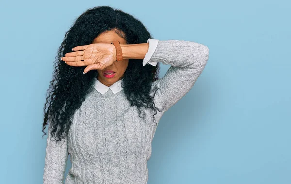 Middle Age African American Woman Wearing Casual Clothes Covering Eyes — Stock Photo, Image