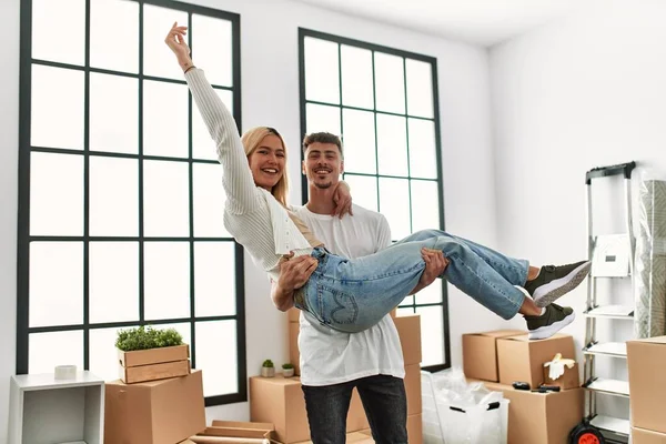 Man Holding Arms His Girlfriend New Home — Stock Photo, Image