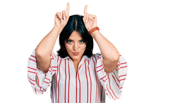 Young Hispanic Girl Wearing Casual Clothes Doing Funny Gesture Finger — Stock Photo, Image