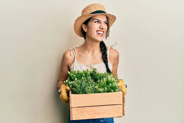 Junge Hispanische Frau Mit Grünem Pflanzentopf Lächelt Und Lacht Laut — Stockfoto