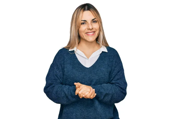 Young Caucasian Woman Wearing Casual Clothes Hands Together Crossed Fingers — Stock Photo, Image