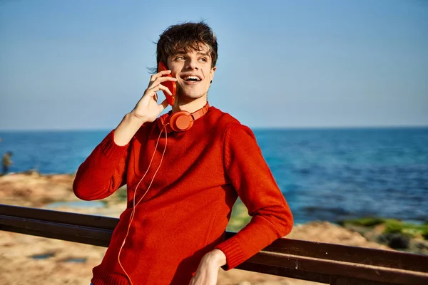 Young Hispanic Man Smiling Happy Talking Smartphone Beach — Stock Photo, Image