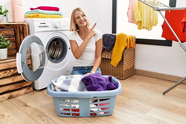 Young Caucasian Woman Doing Laundry Clothes Basket Cheerful Smile Face — Stock Photo, Image