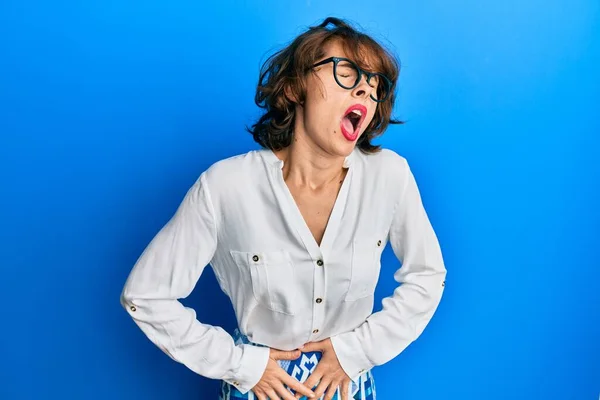 Young Brunette Woman Wearing Casual Clothes Glasses Hand Stomach Because — Stock Photo, Image