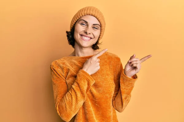 Young Brunette Woman Wearing Wool Hat Winter Sweater Smiling Looking — Stock Photo, Image