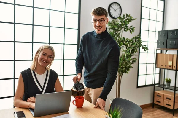 Two Business Workers Smiling Happy Working Drinking Coffee Office — Stock Photo, Image