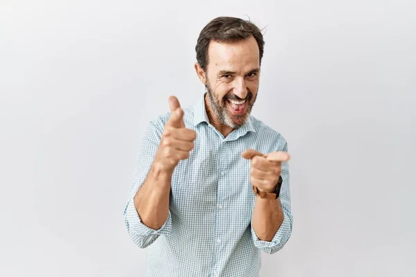 Middle Age Hispanic Man Beard Standing Isolated Background Pointing Fingers — Stock Photo, Image