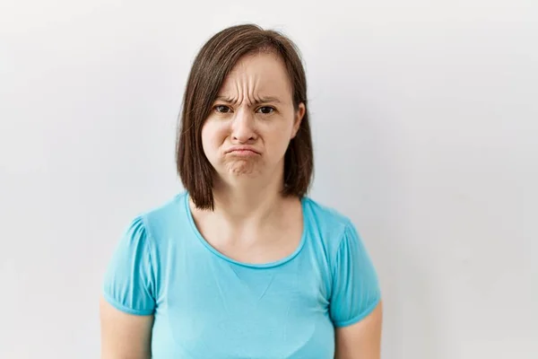 Young Syndrome Woman Standing Isolated Background Depressed Worry Distress Crying — Stock Photo, Image