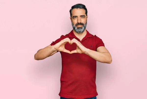 Middle Aged Man Beard Wearing Casual Red Shirt Smiling Love — Stock Photo, Image