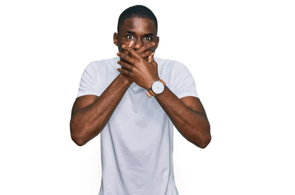 Young African American Man Wearing Casual White Shirt Shocked Covering — Stock Photo, Image