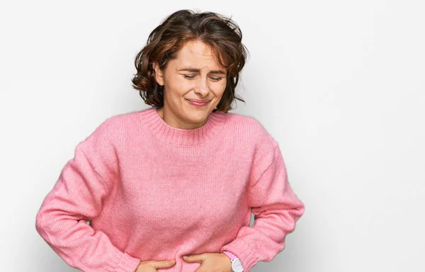 Young Hispanic Woman Wearing Casual Clothes Hand Stomach Because Indigestion — Stock Photo, Image