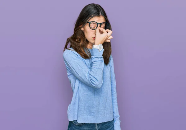 Young Beautiful Woman Wearing Casual Clothes Glasses Tired Rubbing Nose — Stock Photo, Image