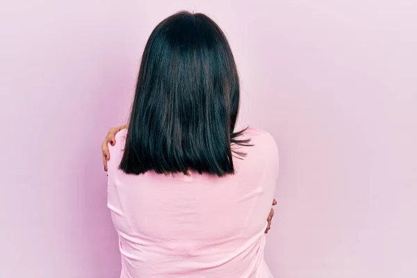 Young Hispanic Woman Wearing Casual Clothes Hugging Oneself Happy Positive — Stock Photo, Image