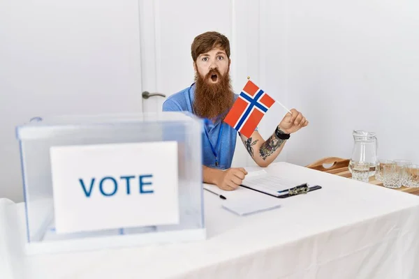 Caucasian Man Long Beard Political Campaign Election Holding Norwegian Flag — Stock Photo, Image