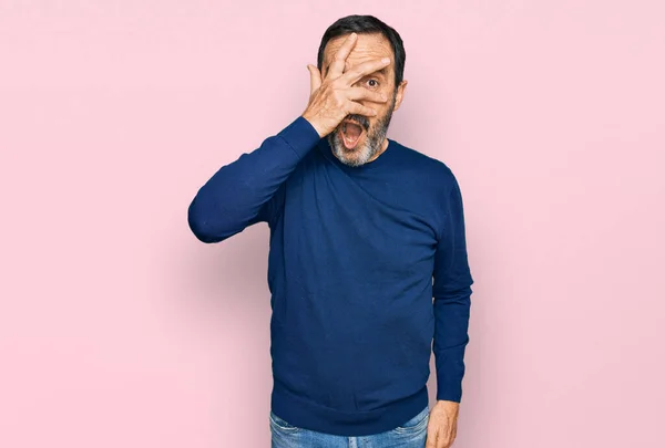 Middle Age Hispanic Man Wearing Casual Clothes Peeking Shock Covering — Stock Photo, Image