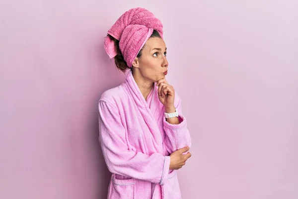 Young Blonde Woman Wearing Shower Towel Cap Bathrobe Thinking Worried — Stock Photo, Image