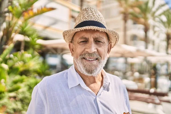 Senior Man Smiling Confident Wearing Summer Hat Street — Stock Photo, Image