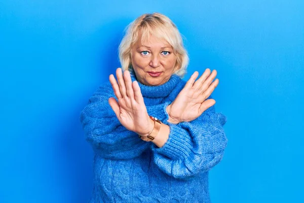 Middle Age Blonde Woman Wearing Casual Clothes Rejection Expression Crossing — Stock Photo, Image