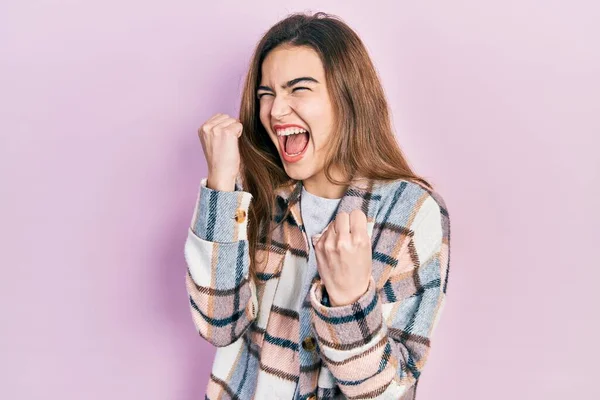 Young Caucasian Girl Wearing Casual Clothes Celebrating Surprised Amazed Success — Stock Photo, Image