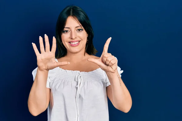 Young Hispanic Woman Wearing Casual Clothes Showing Pointing Fingers Number — Stock Photo, Image