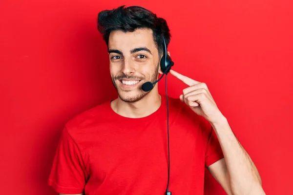 Young Hispanic Man Wearing Call Center Agent Headset Smiling Happy — Stock Photo, Image