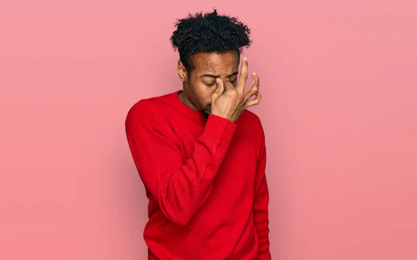 Young African American Man Beard Wearing Casual Winter Sweater Tired — Stock Photo, Image