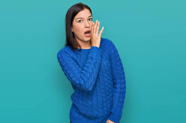 Young Hispanic Woman Wearing Casual Clothes Hand Mouth Telling Secret — Stock Photo, Image