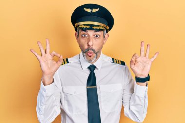 Gri saçlı, uçak pilotu üniforması giyen yakışıklı, orta yaşlı bir adam. Şaşırmış ve şaşırmış görünüyor. Parmaklarıyla onay sembolü yapıyor. çılgın ifade 