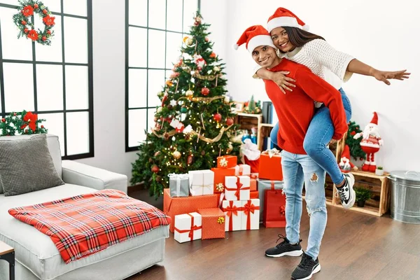 Young Latin Man Smiling Happy Holding Woman His Back Standing — Stock Photo, Image