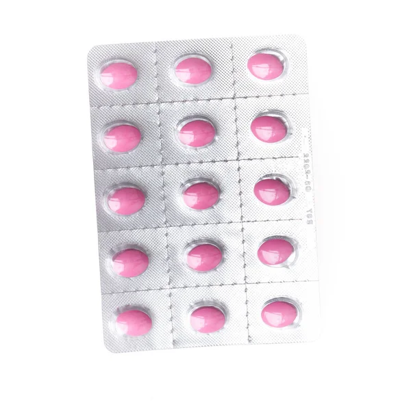 Blister Comprimidos Prescrição Rosa Sobre Fundo Branco Isolado — Fotografia de Stock