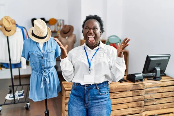 Young African Woman Working Manager Retail Boutique Crazy Mad Shouting — Stock Photo, Image