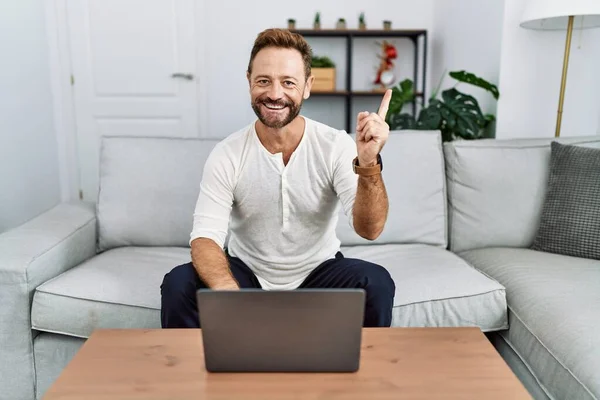 Mann Mittleren Alters Benutzt Laptop Hause Mit Einem Breiten Lächeln — Stockfoto