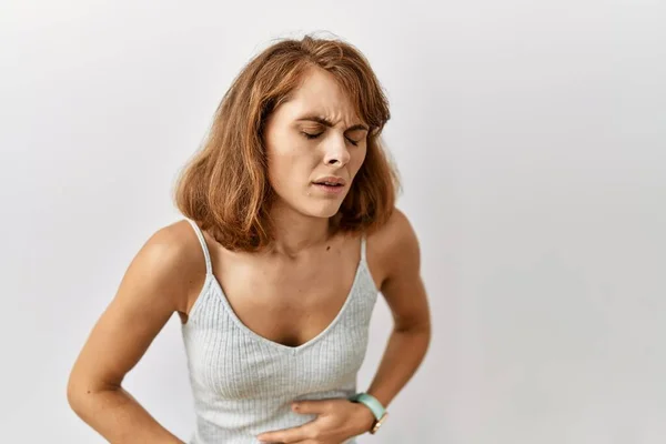 Beautiful Caucasian Woman Standing Isolated Background Hand Stomach Because Indigestion — Stock Photo, Image