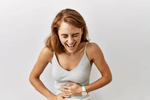 Beautiful Caucasian Woman Standing Isolated Background Smiling Laughing Hard Out — Stock Photo, Image