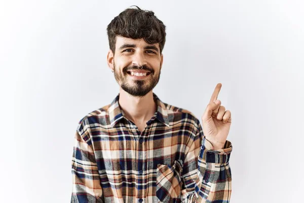 Hispanic Man Beard Standing Isolated Background Big Smile Face Pointing — Stock Photo, Image