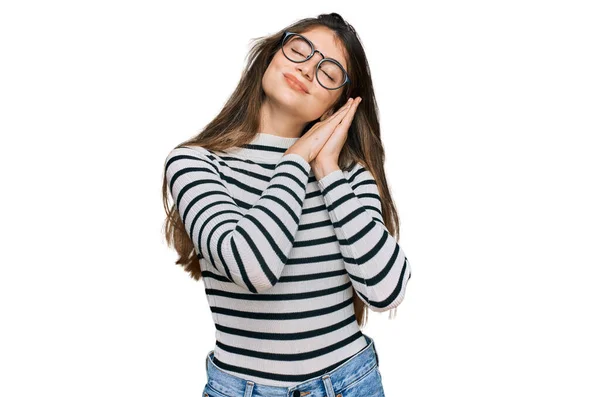 Junge Schöne Teenie Mädchen Lässiger Kleidung Und Brille Schlafen Müde — Stockfoto