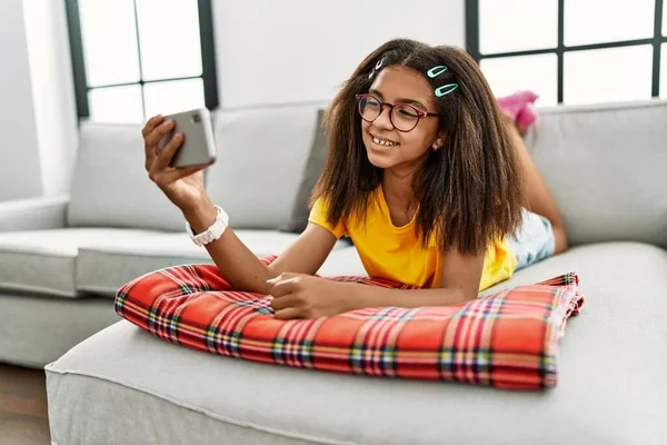 African American Girl Smiling Confident Make Selfie Smartphone Home — Stok fotoğraf