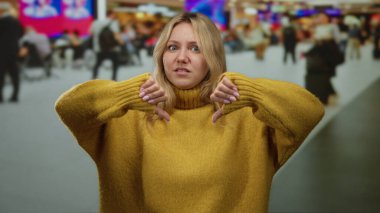 Havalimanı terminalinde sıcak süveter giyen bir kadın..