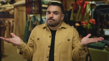 Genç İspanyol adam, açık avuçlar gösteriyor. Binadaki giyim mağazaları arasında kapalı gözlerle el hareketi yapıyor..