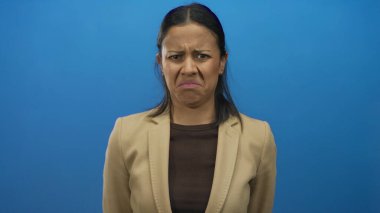 İspanyol kadın, izole edilmiş mavi arka plana karşı tiksindirici bir ifade sergiliyor, güçlü duygusal tepkiler sergiliyor..