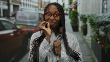 Kıvırcık saçlı bir kadın şehir sokaklarında gizli bir jest yapıyor. Gözlük takarken neşeli bir gülümsemeyle gizlilik taslıyor. Canlı sokak hayatı sergiliyor..